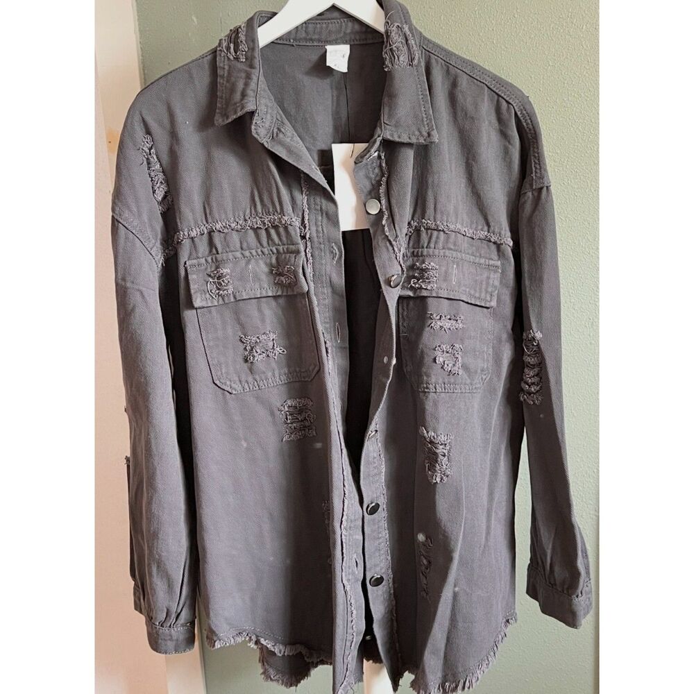 Doublju Distressed Gray Button Down Denim Frayed Edge Large